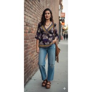 Fairy Grunge Purple Paisley Faux Wrap Boho Tunic Bell Sleeve Top Size 14/16 Y2k